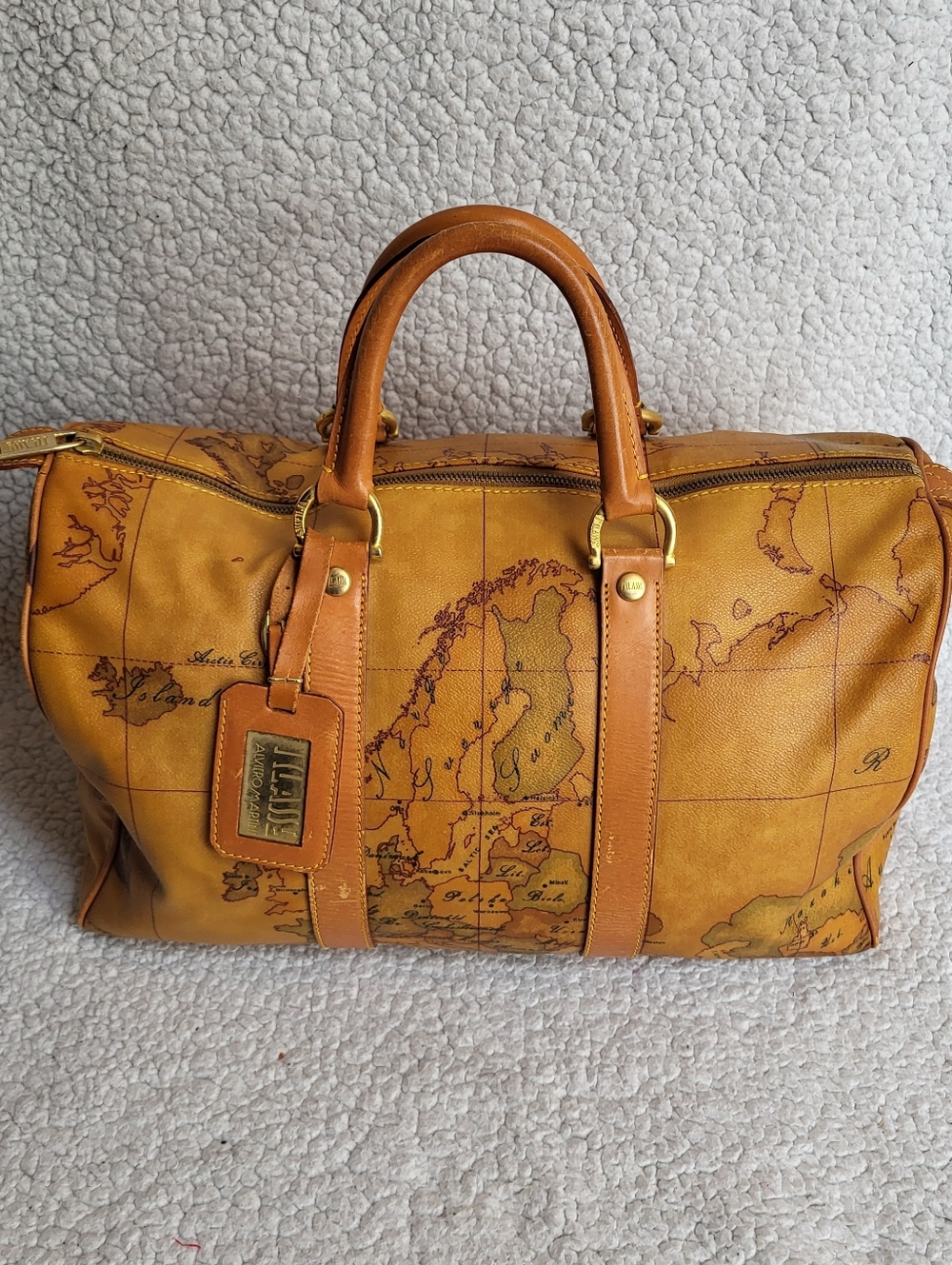 Alviero Martini Tan Map Leather Duffel Boston Bag Travel